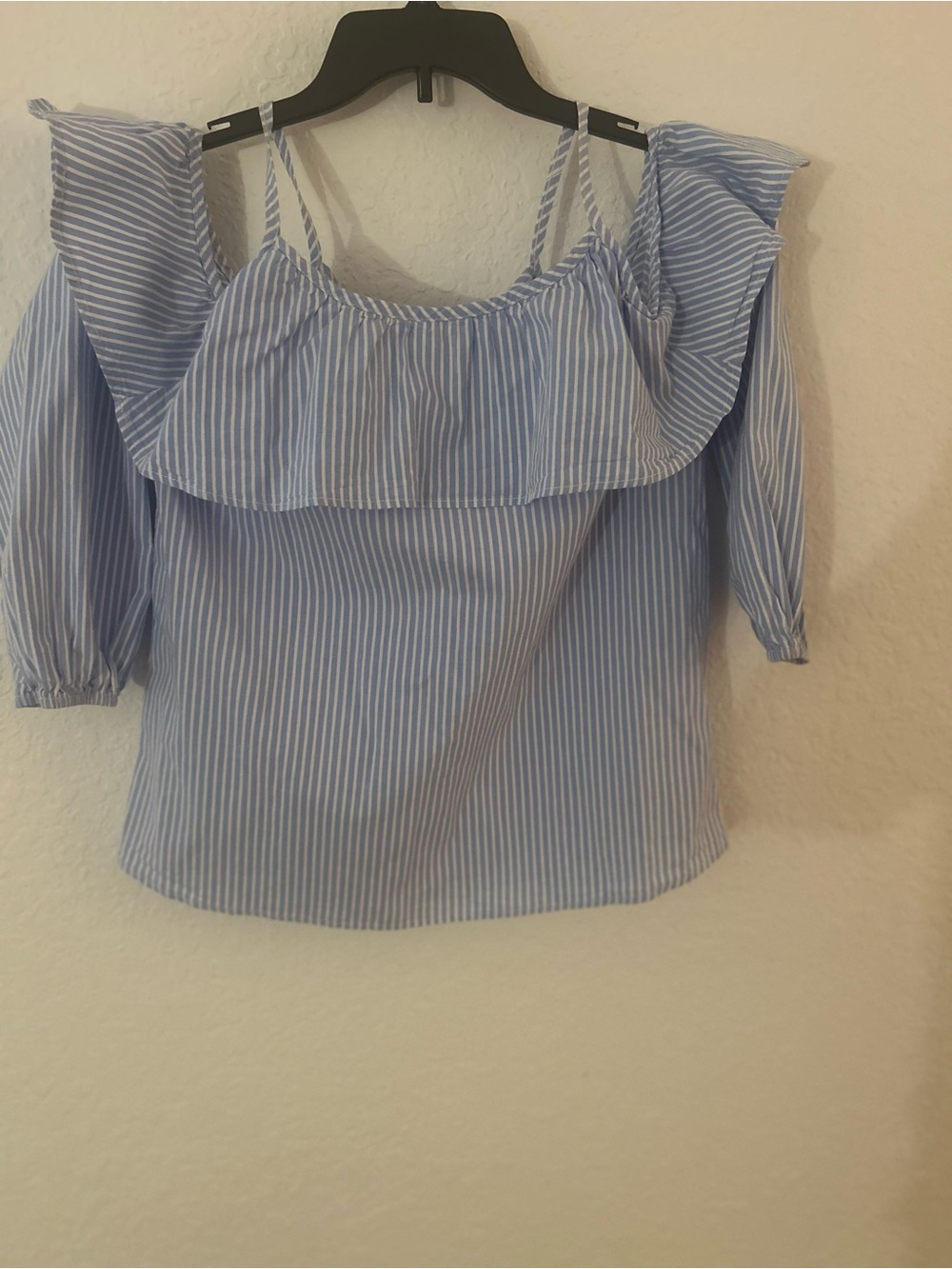 Newbury Kustom Light Blue & White Striped Off-Shoulder Ruffle Top